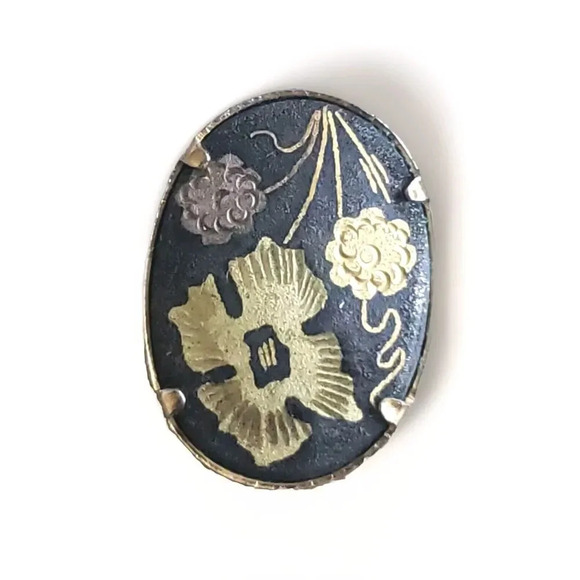 Vintage Clip On Earrings Women's Round Damascene Flower Gold Tone - Picture 3 of 6